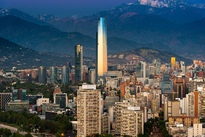Panoramic view of providencia and las condes districts at sunset, santiago de chile