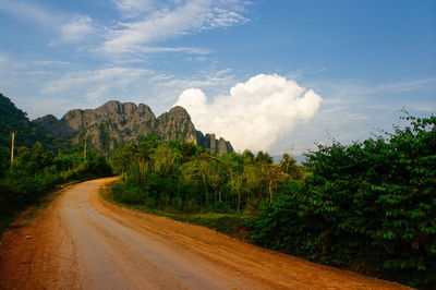 Road amidst trees and mountain