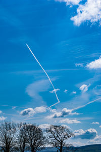 Low angle view of vapor trail over bare trees against sky