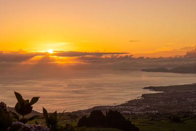 View over sao miguel island, sunrise at azores, amazing landscape, hydrangeas.