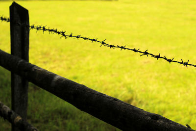 Barbed wire fence on field