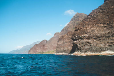 Rock formations by sea against blue sky