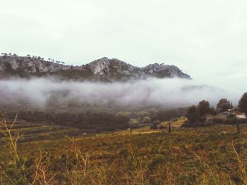 Scenic view of mountains during foggy weather