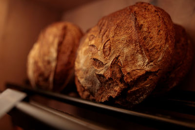 Close-up of round organic bread in bakery
