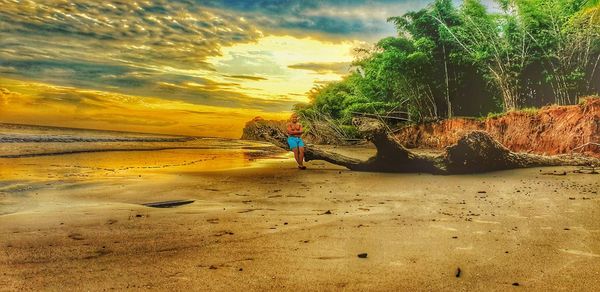 Man on beach against sky during sunset