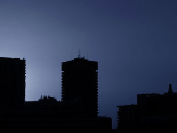 Low angle view of buildings at sunset