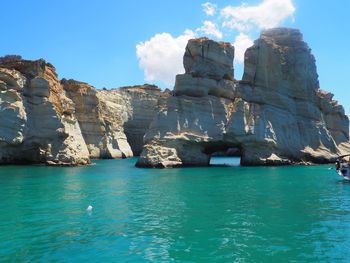 Rock formations by sea against blue sky