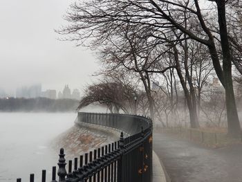 Bare trees by river during winter against sky