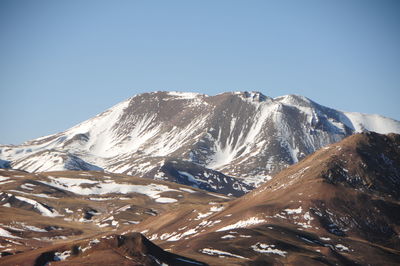 Scenic view of snowcapped mountains against clear sky