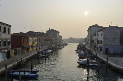 View of canal in city against clear sky