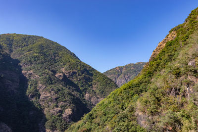 Scenic view of mountains against clear blue sky