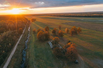 Excellent sunrise over nalibokskaya pushcha in early autumn