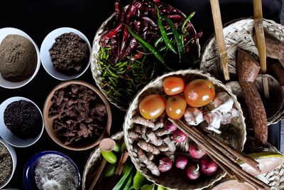 High angle view of vegetables in bowl on table