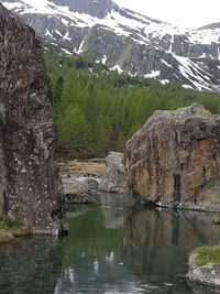 Scenic view of lake by mountains against sky