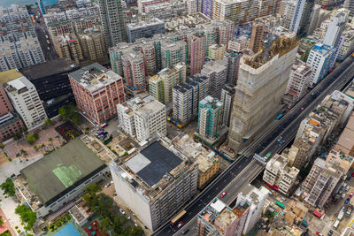 High angle view of buildings in city