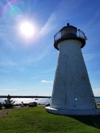 Lighthouse by sea against sky