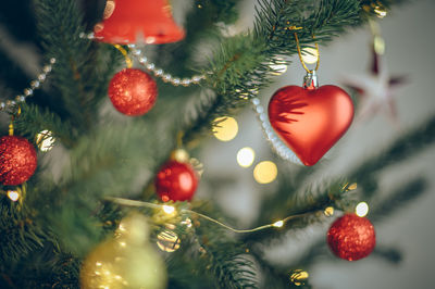 Close-up of christmas decorations hanging on tree