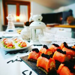 Close-up of sushi served on table