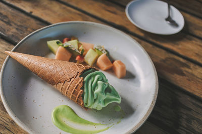 High angle view of ice cream on table