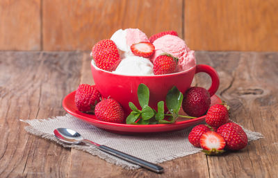 Close-up of strawberries in bowl on table