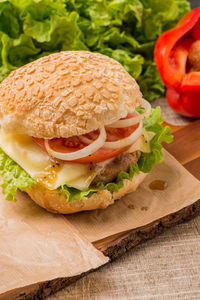 Close-up of burger on cutting board