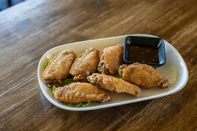 High angle view of food in plate on table