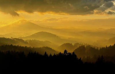 Scenic view of silhouette mountains against sky during sunset