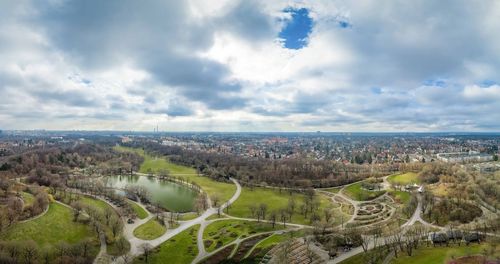 High angle view of city buildings against sky