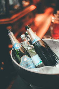 High angle view of wine bottles on table