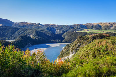 Scenic view of lake and mountains against clear blue sky