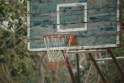 Close-up of basketball hoop against clear sky