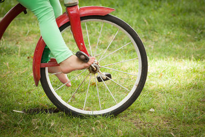 Low section of man with bicycle on grass