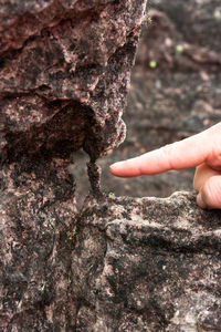 Close-up of hand touching rock