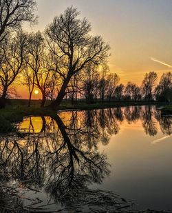 Silhouette trees by lake against sky during sunset