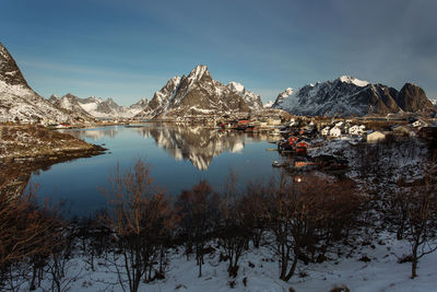 Scenic view of lake and snowcapped mountains against sky