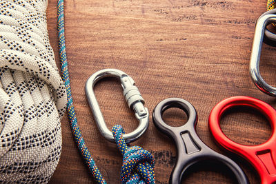 High angle view of ropes on table