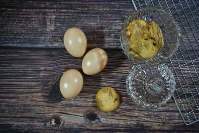 High angle view of eggs on table