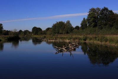 Scenic view of lake against clear blue sky