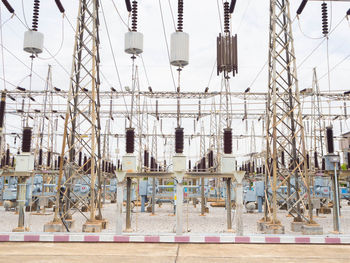 Low angle view of electricity pylon against sky