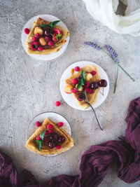 High angle view of breakfast served on table