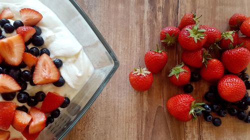 High angle view of strawberries in bowl on table