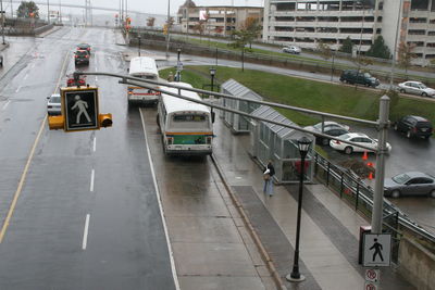 High angle view of vehicles on road in city