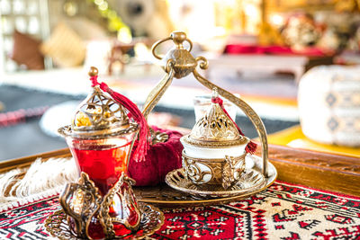 Close-up of christmas decorations on table