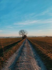 Dirt road amidst field against sky