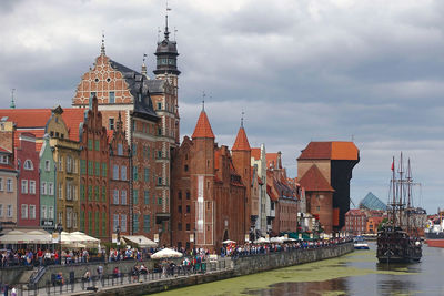 Motlawa river by buildings in city against cloudy sky