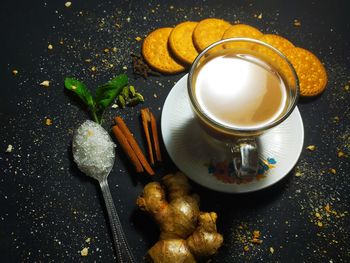 High angle view of breakfast on table