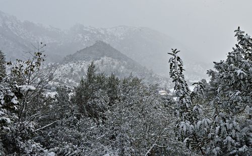 Scenic view of snowcapped mountains during winter