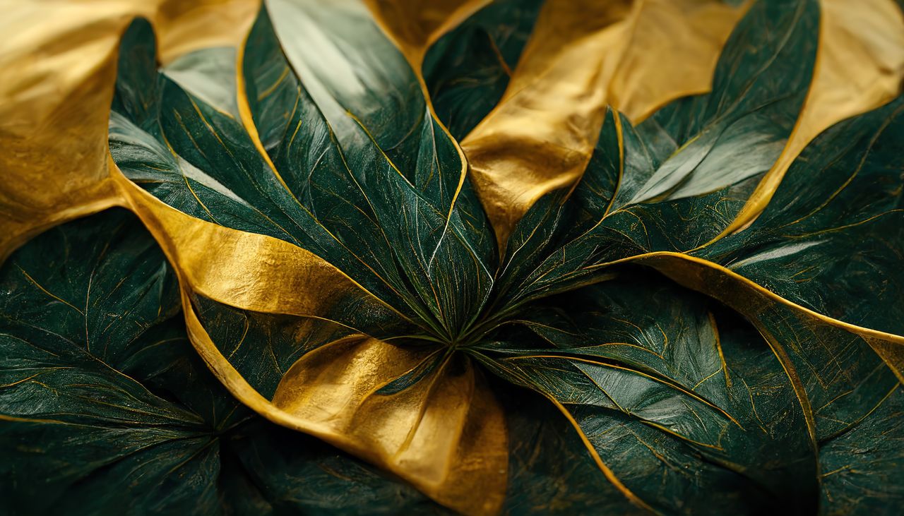 A white sheet of paper shows flowers with pink petals, golden buds, and green leaves. The trunks of the plants and the veins of the leaves are gold. The leaves are oblong in shape. Pattern Background Flower Leaf Green Plant Wallpaper Gold Floral Abstract Texture Nature Vintage Seamless Luxury Jungle Design Tree Art Monstera Foliage Palm Blue White Fabric Golden Decor Ornament Retro Fashion Hawaii Classic Summer Set Orchid Exotic Philodendron Houseplant Isolated