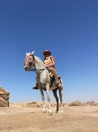 Rear view of man riding horse on field against sky