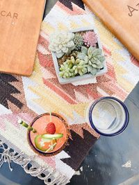 High angle view of fruits served on table